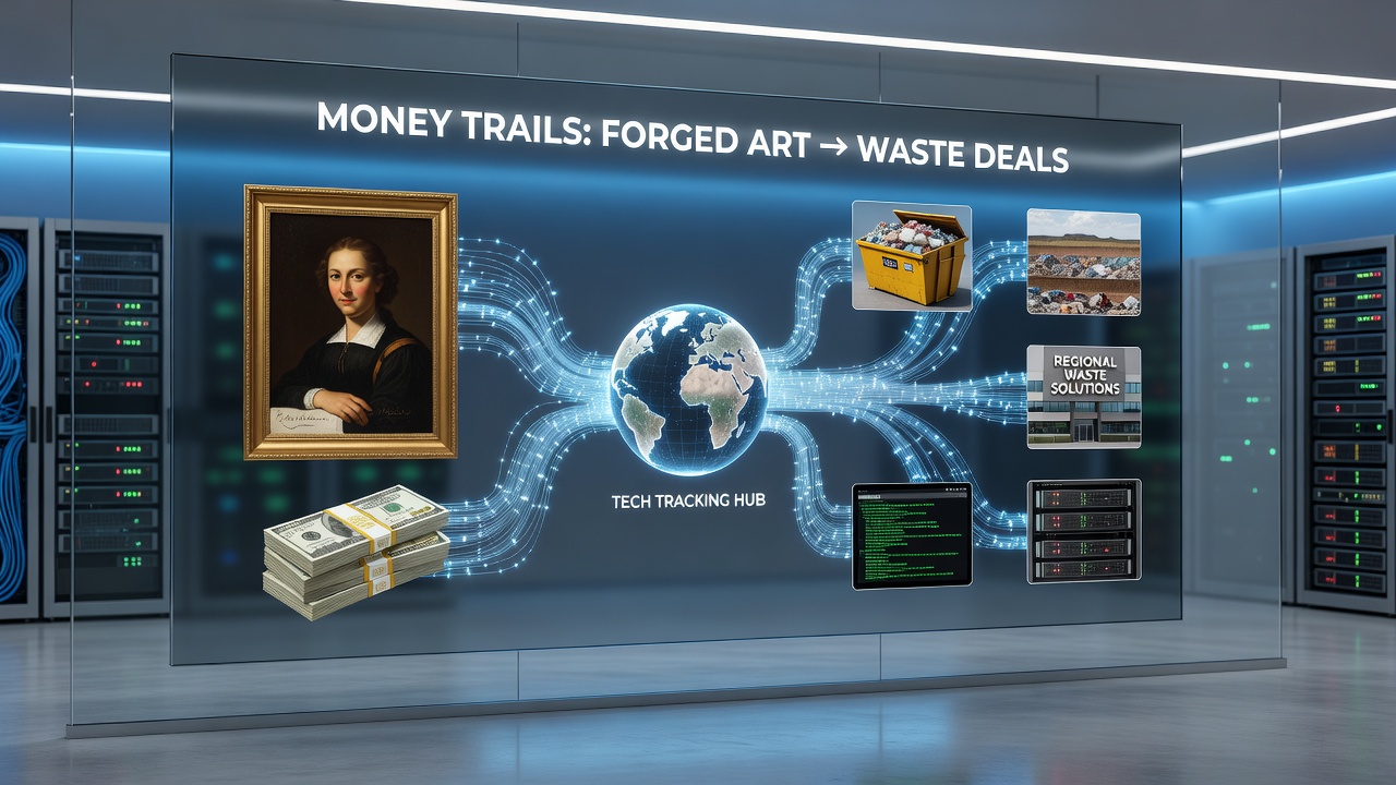 Analysts review dashboard outputs showing connections between art transactions and waste management funding streams