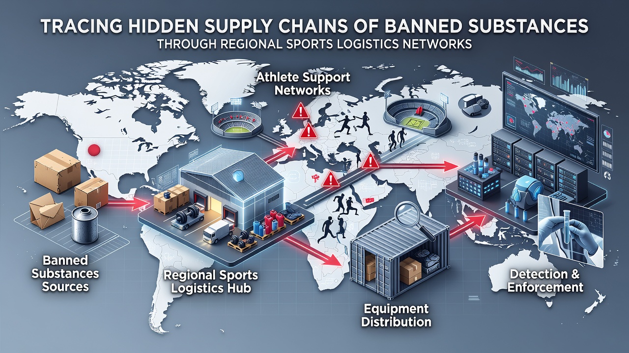 Investigators reviewing digital shipment records at a regional sports logistics terminal